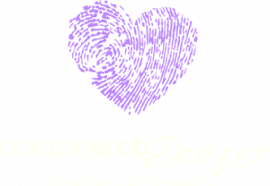 uniquewebdesigns - Logo von uniquewebDesigns – lila Fingerabdruck-Herz mit dem Claim „Deine Werte. Deine Webseite.“